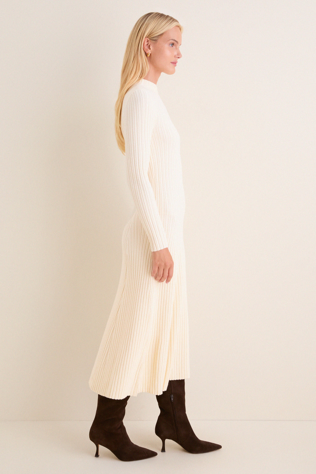 Cream Ribbed Knit Corey Midi Dress