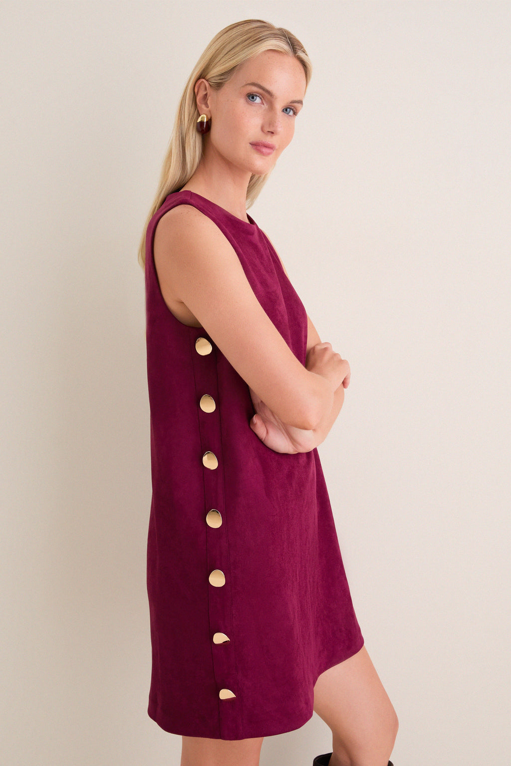 Merlot Faux Suede Button Bitsy Mini Dress