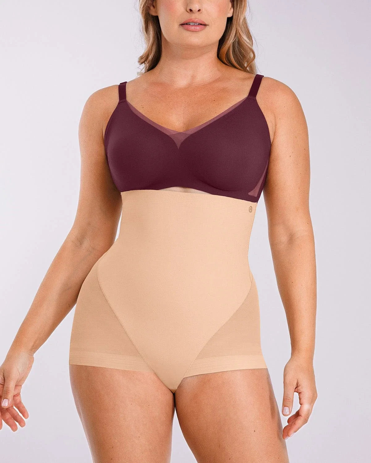 BOOT-YEAH MeshSmooth Butt-Lifting Brief in beige, front view showing high-waisted tummy control